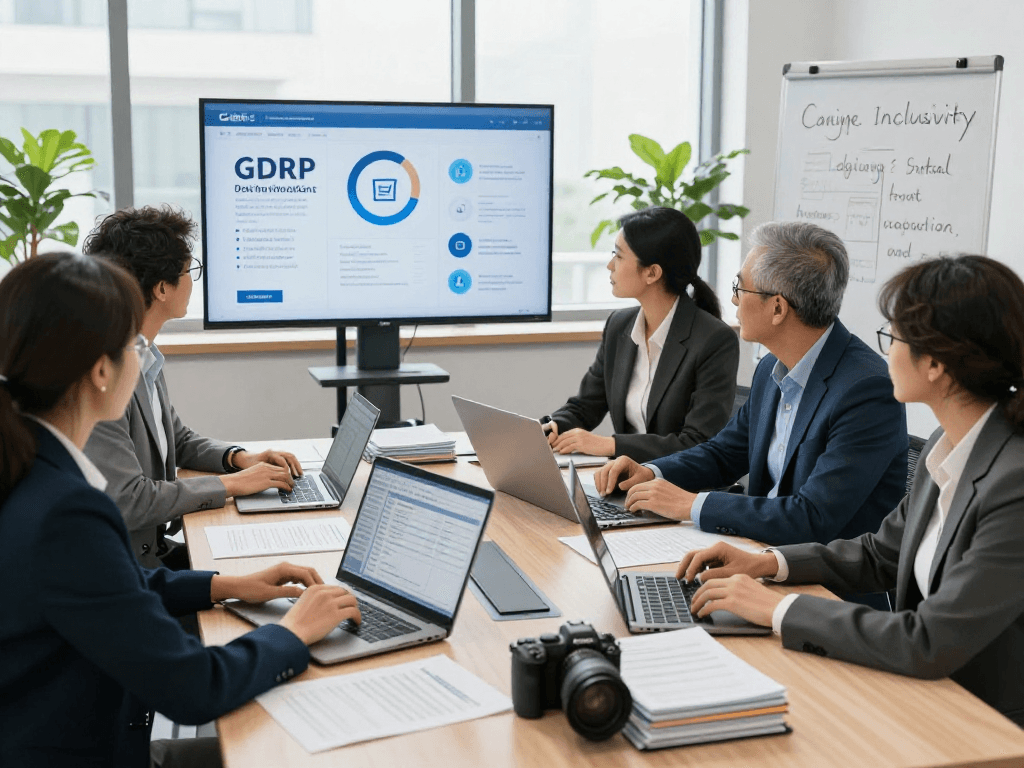 Wirtschaft und Verwaltung Wohnungsbaugenossenschaften im modernen Büro mit Fokus auf Datenschutz und Barrierefreiheit.