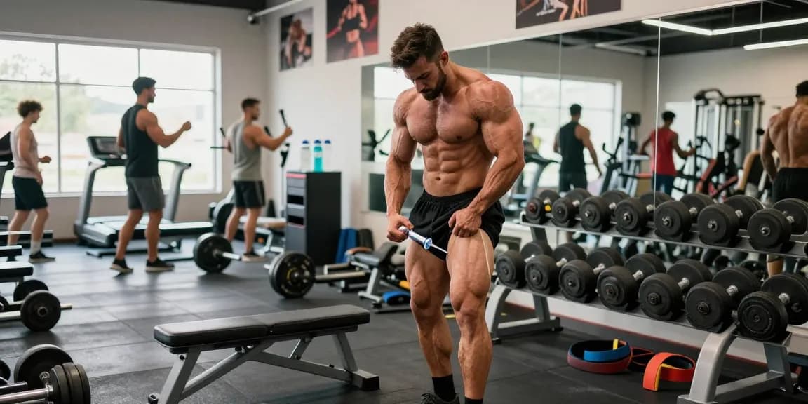 Anabolika Shop - Bodybuilder injiziert Steroide im modernen Fitnessstudio mit Geräten und Motivationspostern.