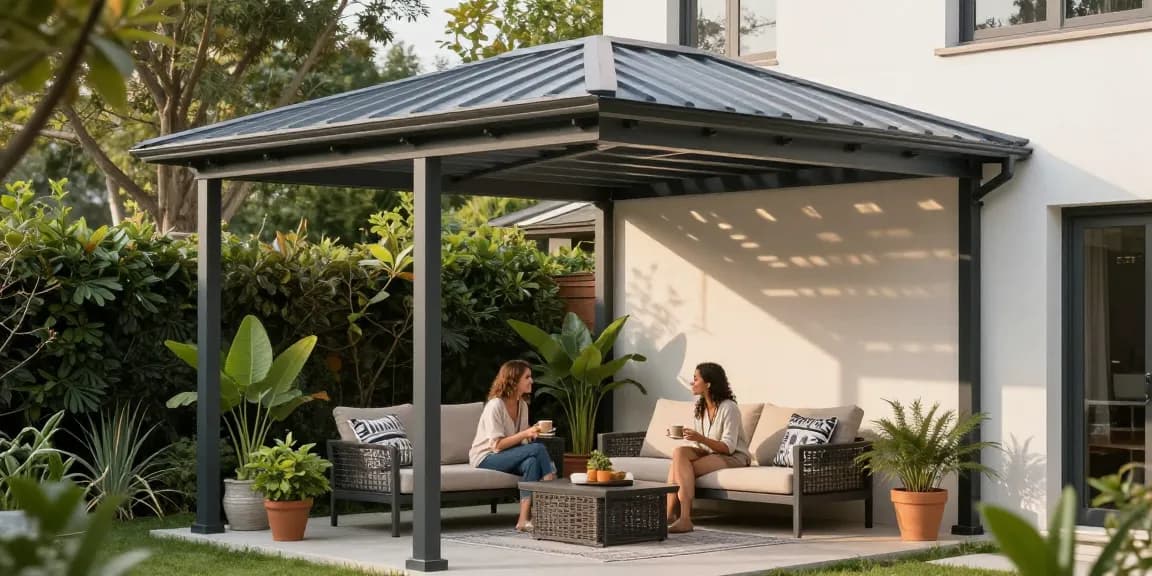 Gemütliche Terrasse mit einer modernen Terrassenüberdachung, die eine entspannte Atmosphäre schafft.