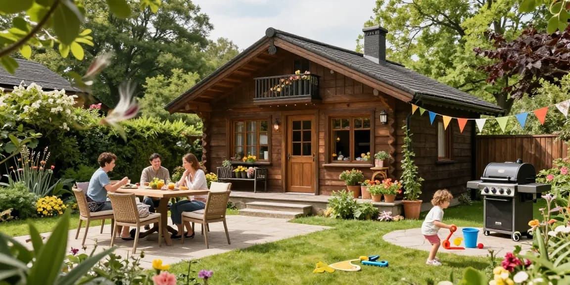 Gartenhaus im Grünen mit Familie, entspannendem Ambiente und blühenden Pflanzen.