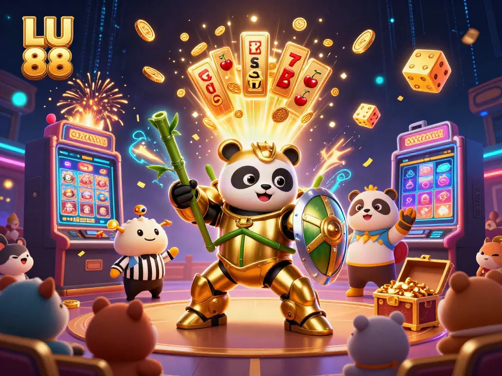 Win big at LU 88 with dynamic casino action featuring a mech-suit panda in a vibrant arena.