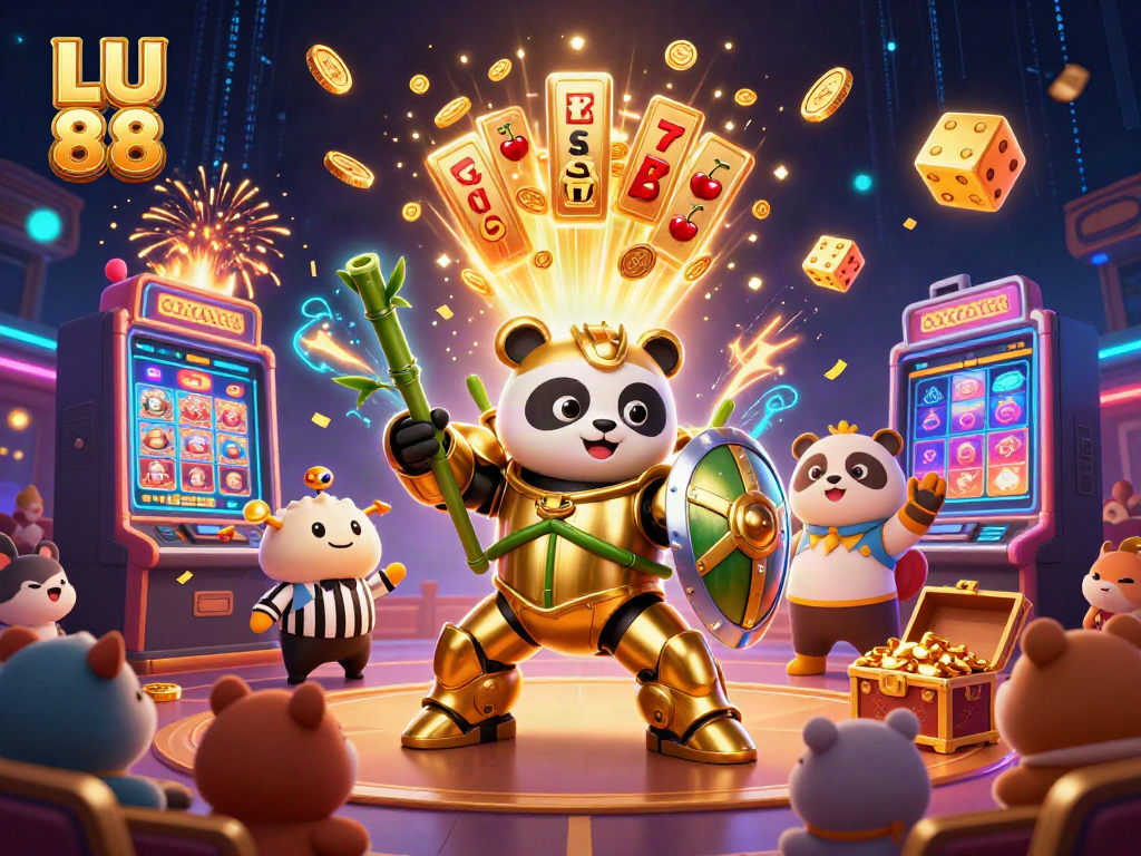 Win big at LU 88 with dynamic casino action featuring a mech-suit panda in a vibrant arena.
