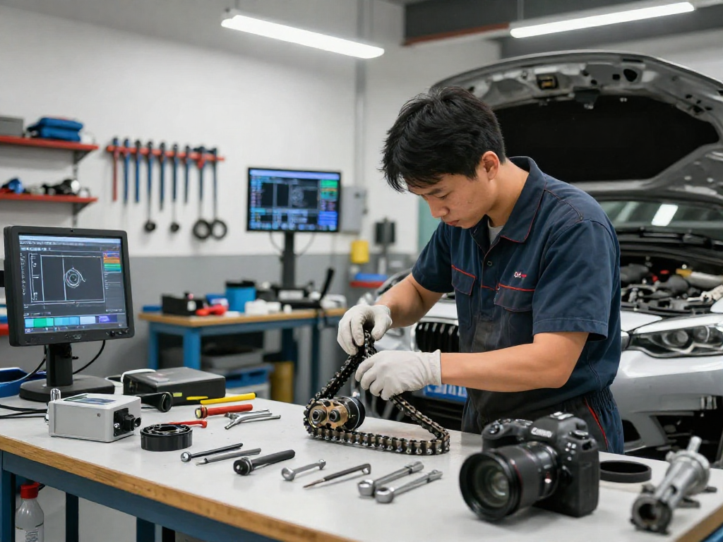 Professioneller BMW Werkstatt in Hannover, Technikeraustausch der Steuerkette mit hochwertigen Werkzeugen.
