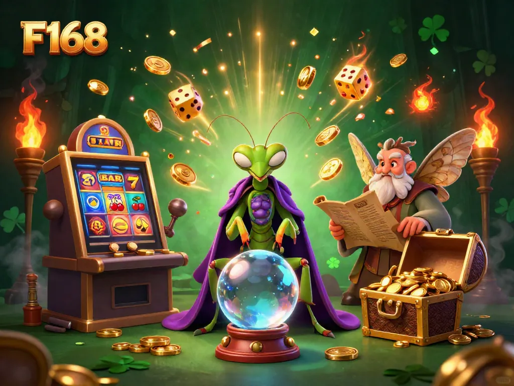 Experience thrilling gaming with F168, featuring a cartoon praying mantis and wise moth amid casino treasures.