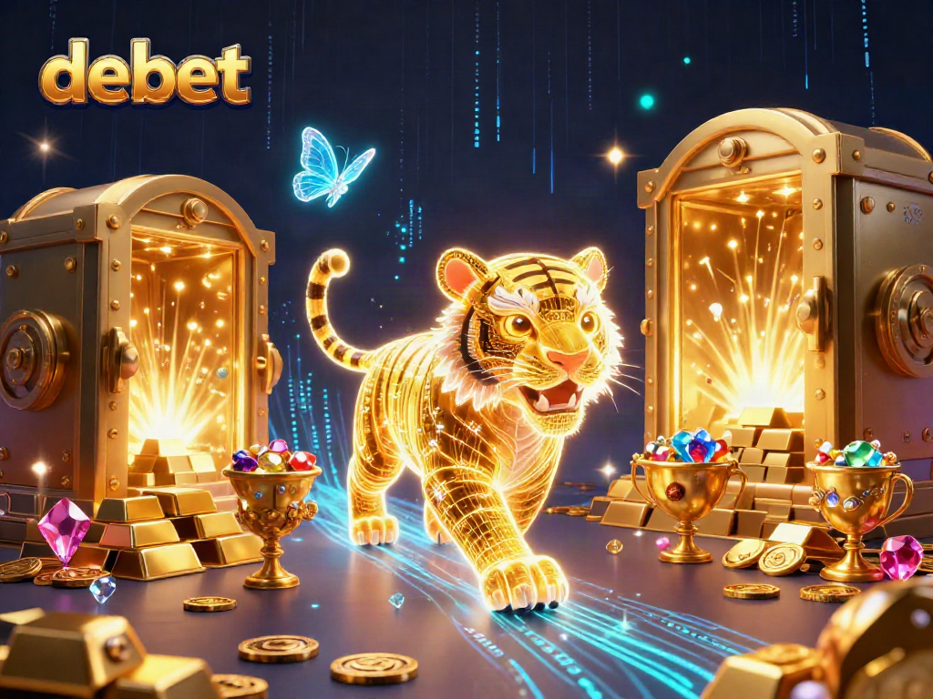 Experience thrilling gameplay at debet with a vibrant, energetic casino illustration featuring a neon tiger and treasures.