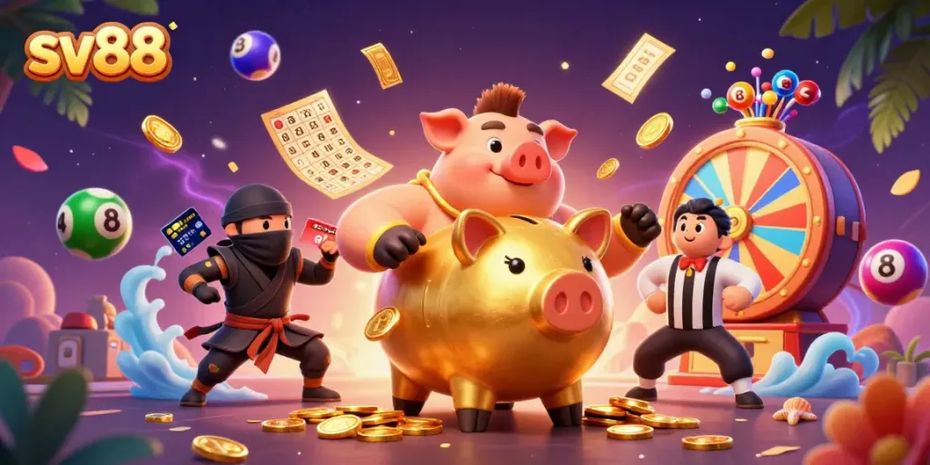 Win big with sv88, featuring a sumo wrestler piggy bank and colorful lottery elements in a vibrant casino scene.