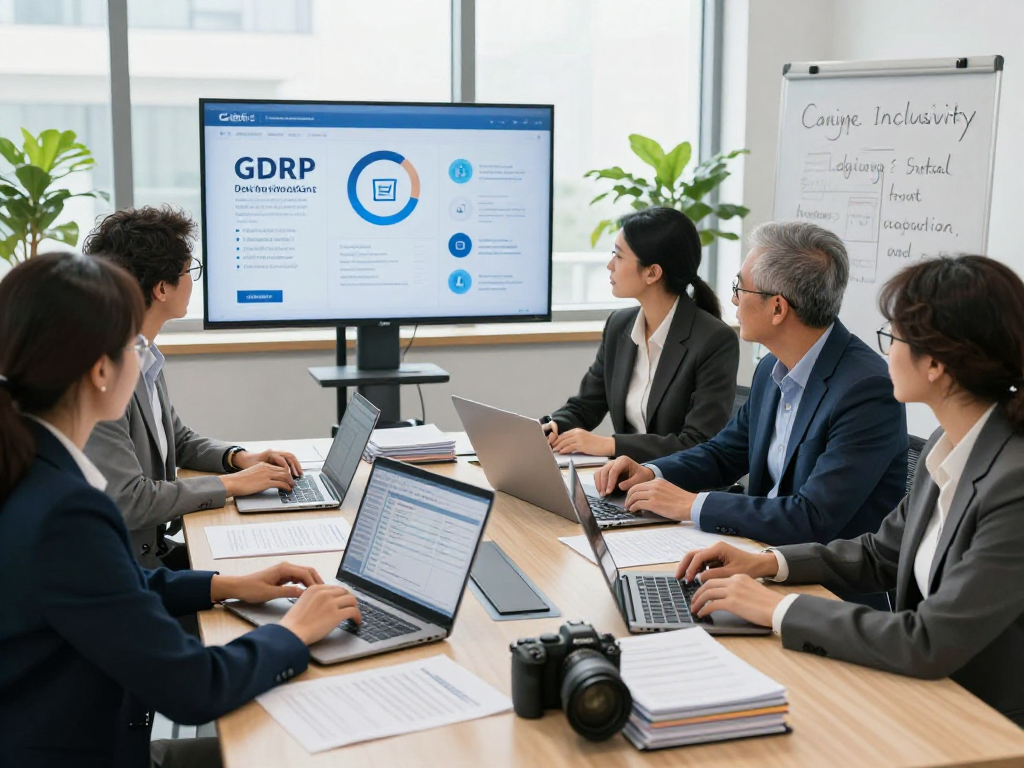 Wirtschaft und Verwaltung Wohnungsbaugenossenschaften im modernen Büro mit Fokus auf Datenschutz und Barrierefreiheit.