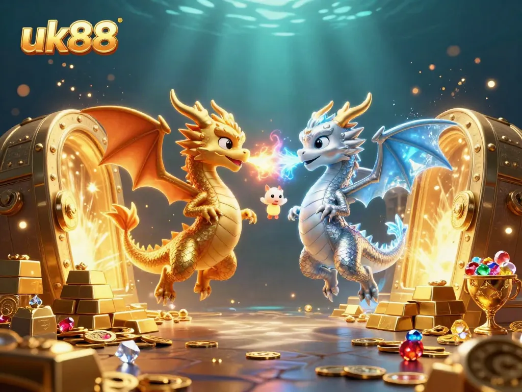 Experience thrilling wins at uk88 with dragons, treasures, and excitement in this casino illustration.