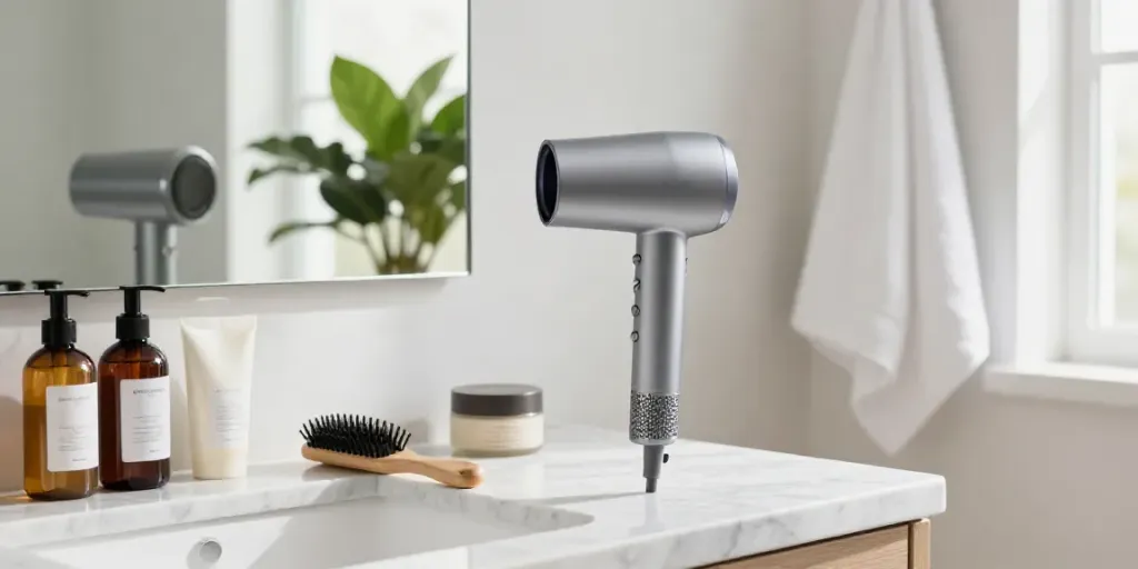 Premium Haartrockner auf einer Marmor-Theke in einem eleganten Badezimmer mit modernen Haarpflegeprodukten.