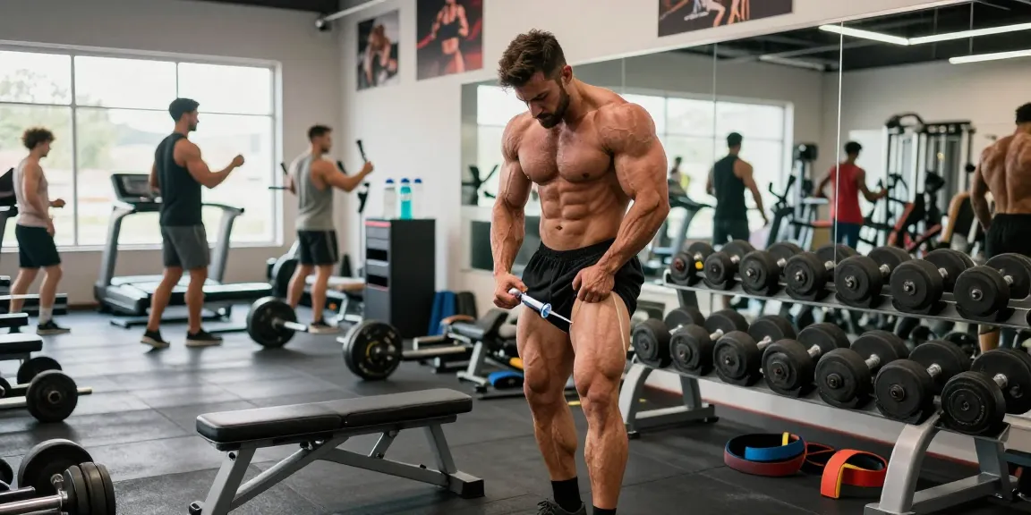 Anabolika Shop - Bodybuilder injiziert Steroide im modernen Fitnessstudio mit Geräten und Motivationspostern.