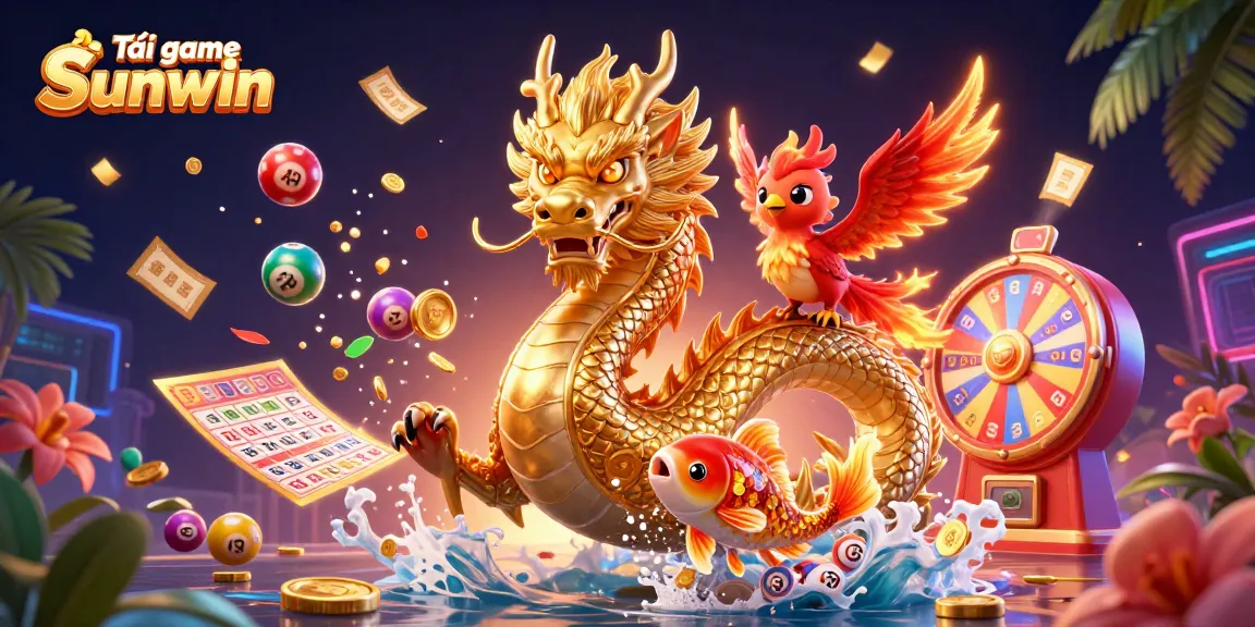 Play Tải game Sunwin featuring a fierce dragon, lucky phoenix, and koi fish amidst vibrant lottery elements in a dynamic casino scene.