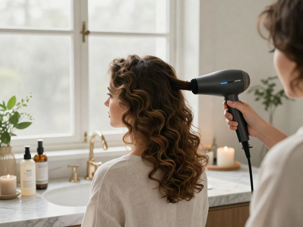 Föhn mit Diffusor wird genutzt, um definierte Locken im modernen Badezimmer zu stylen.