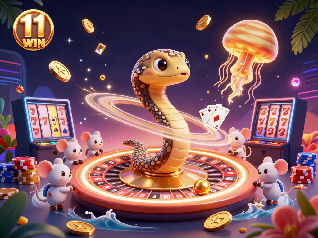 Engage with 11 WIN's thrilling gameplay featuring a cosmic casino scene with vibrant characters.