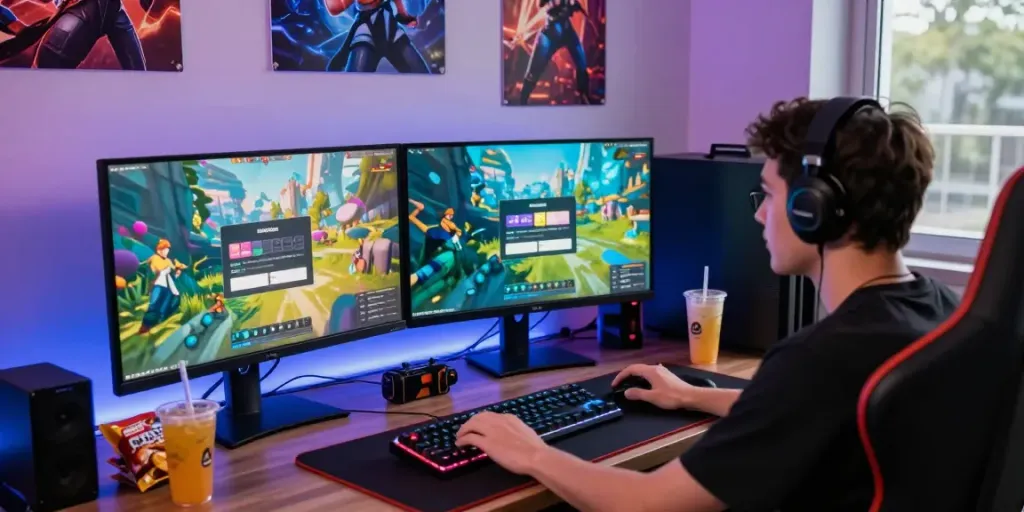 rokok88 login scene with a gamer at a colorful computer setup, showcasing dynamic gaming atmosphere