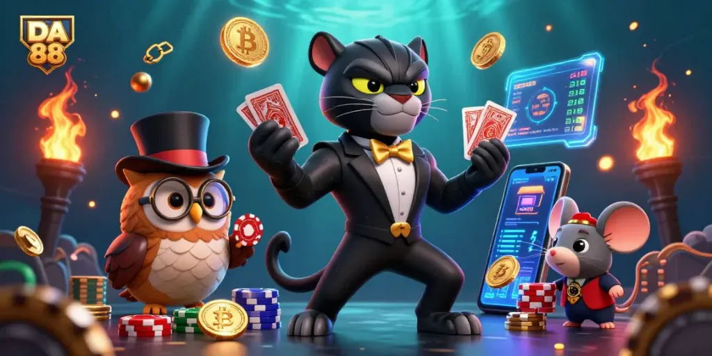 Experience DA 88's thrilling action with a stylish black panther dealer and vibrant casino elements.