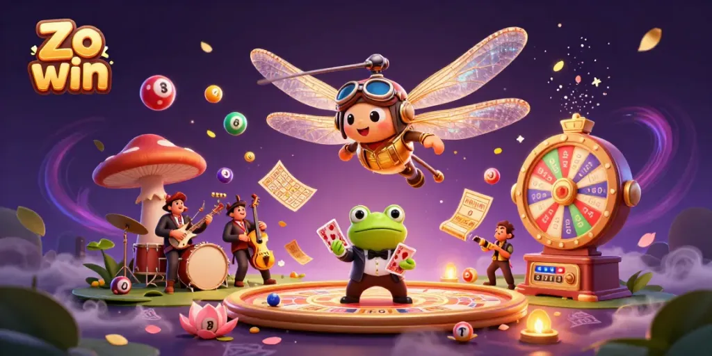 Experience exhilarating gaming action with Zo win at this vibrant lily pad casino scene.