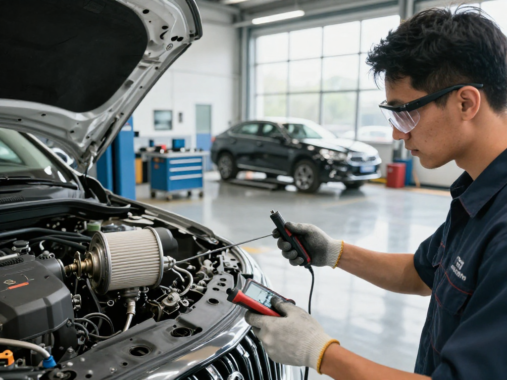 DPF Reinigung Hannover: Mechaniker inspiziert den Dieselpartikelfilter in modernem Werkstattumfeld.