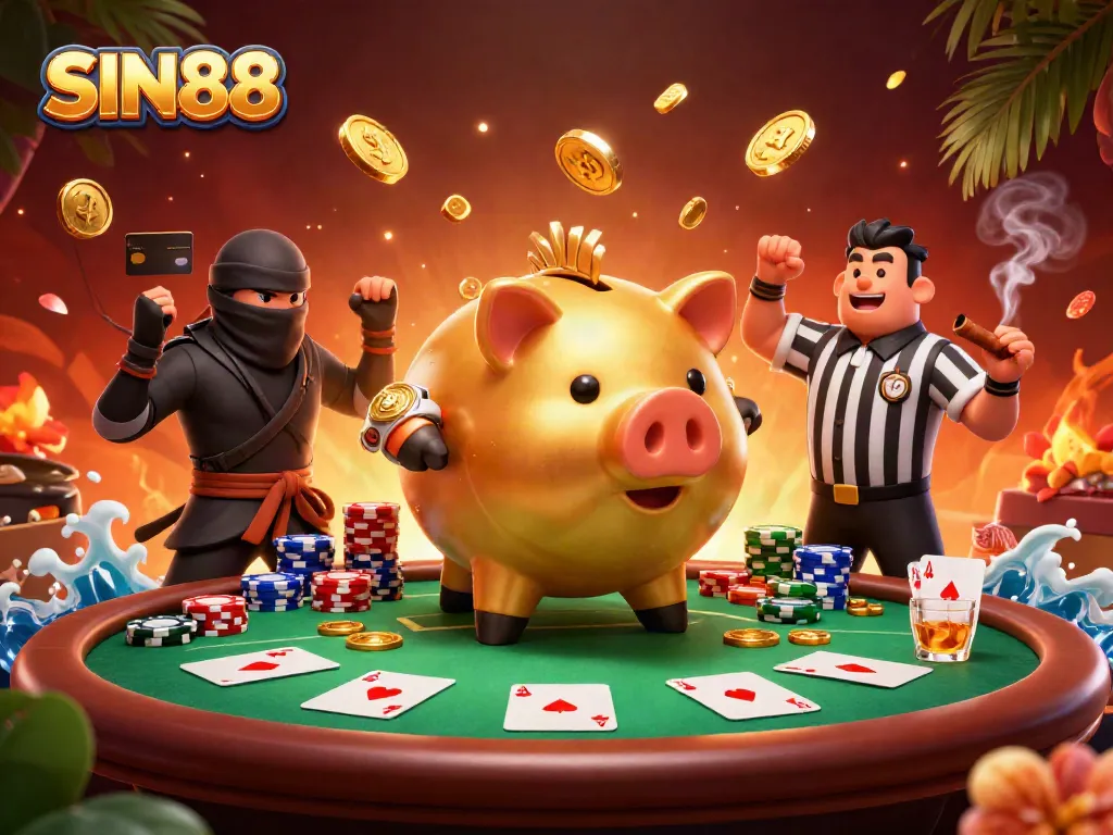 SIN88 brings excitement to poker with a dynamic 3D clash between a piggy bank sumo wrestler, ninja wallet, and samurai referee