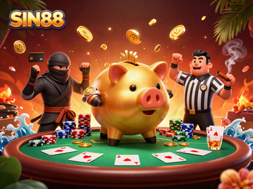 SIN88 brings excitement to poker with a dynamic 3D clash between a piggy bank sumo wrestler, ninja wallet, and samurai referee