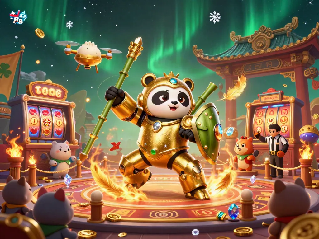 Experience the excitement of RED 88 with golden panda robots and dynamic slot games in a vibrant casino.