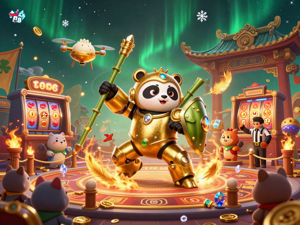 Experience the excitement of RED 88 with golden panda robots and dynamic slot games in a vibrant casino.