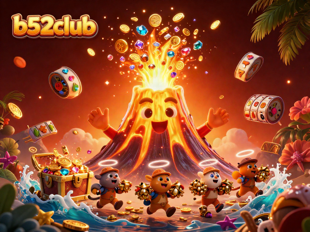 Engage with b52club featuring a vibrant 3D casino scene with treasures erupting from a volcano.