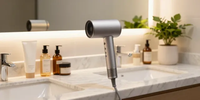 Eleganter Ionenfön auf marmoriertem Waschtisch mit Haarpflegeprodukten.