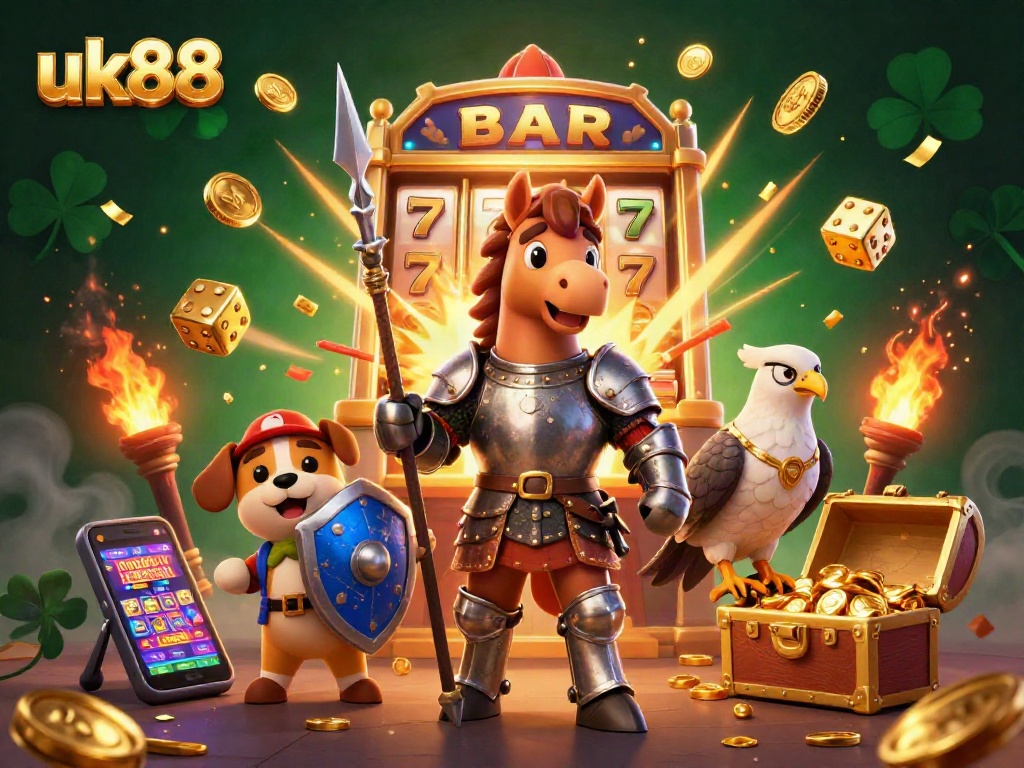 Experience thrilling wins at uk88 with a colorful slot machine burst and enchanting medieval characters.