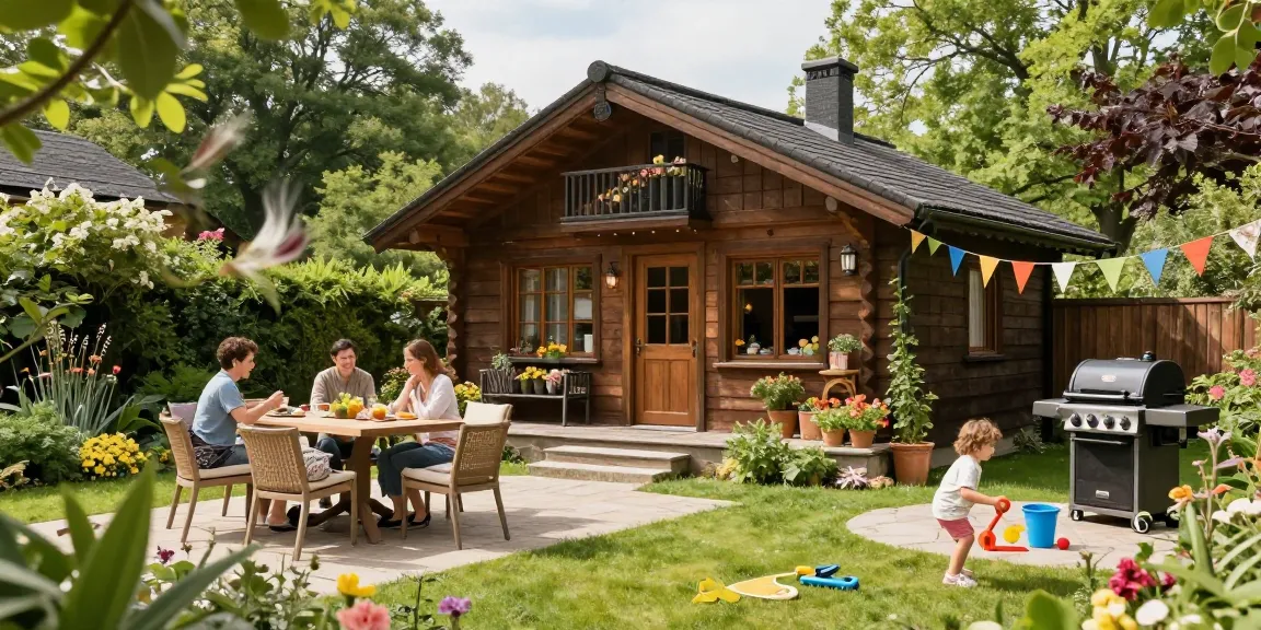 Gartenhaus im Grünen mit Familie, entspannendem Ambiente und blühenden Pflanzen.