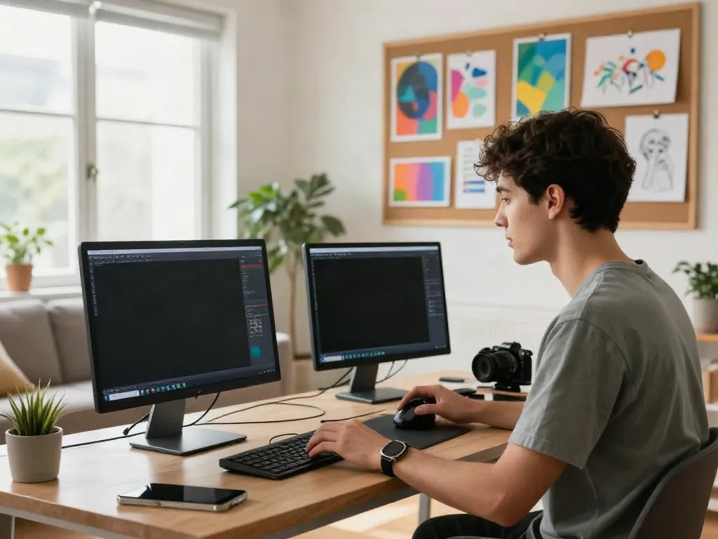 Youth creatively exploring the 18+ ai art generator in a cozy urban apartment.