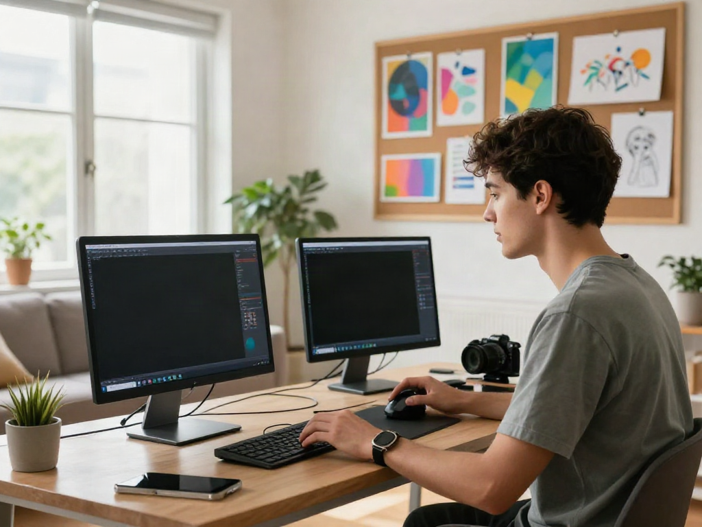 Youth creatively exploring the 18+ ai art generator in a cozy urban apartment.