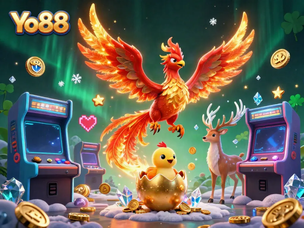 Experience thrilling gameplay at Yo88 with a dynamic phoenix, baby chick, and mystical stag amidst vibrant casino elements.