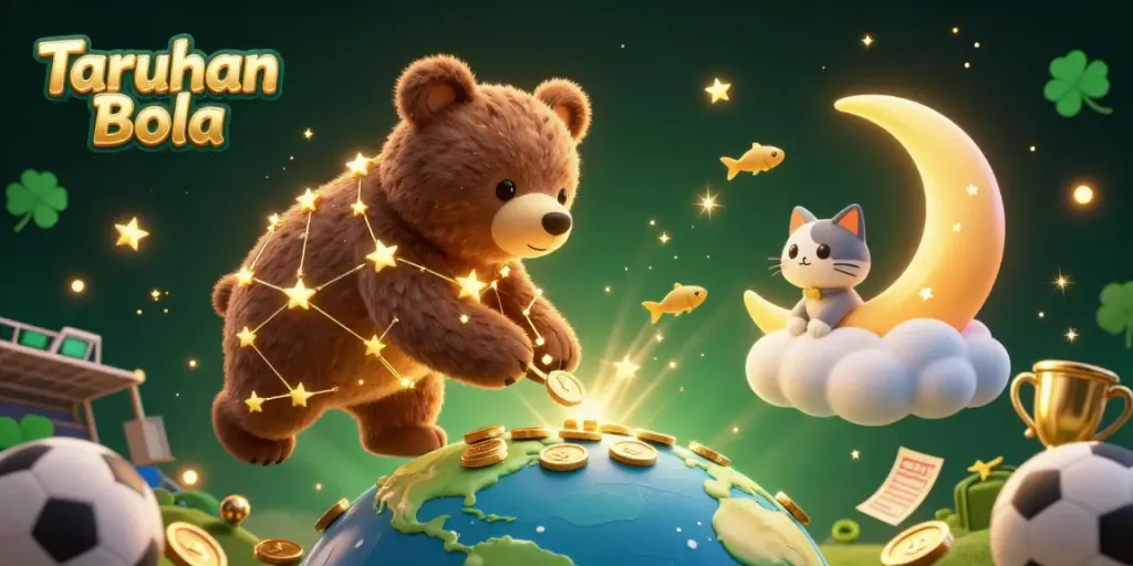 Engage in Taruhan Bola with a lively 3D scene featuring a constellation bear and sports betting elements.