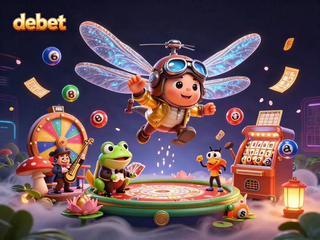 Engage in thrilling games at debet's vibrant lily pad casino with a dragonfly pilot and frog dealer.
