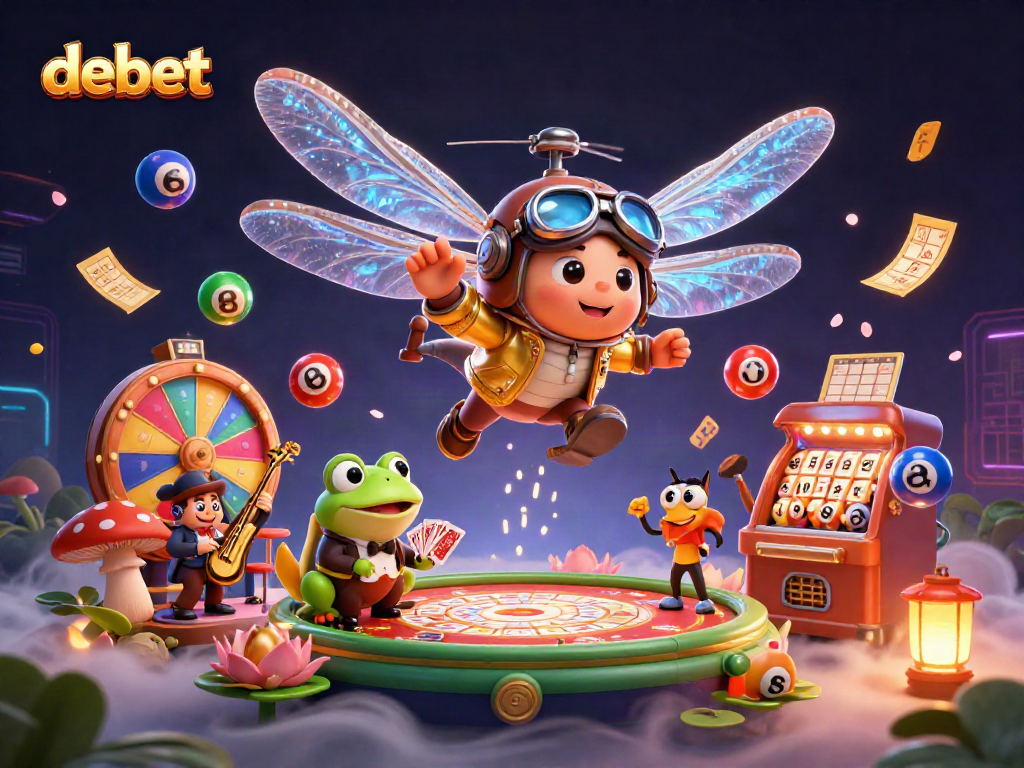 Engage in thrilling games at debet's vibrant lily pad casino with a dragonfly pilot and frog dealer.