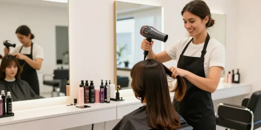 Haartrockner Testsieger Stiftung Warentest – Professioneller Friseur nutzt modernen Haartrockner für perfekte Frisuren im Salon.