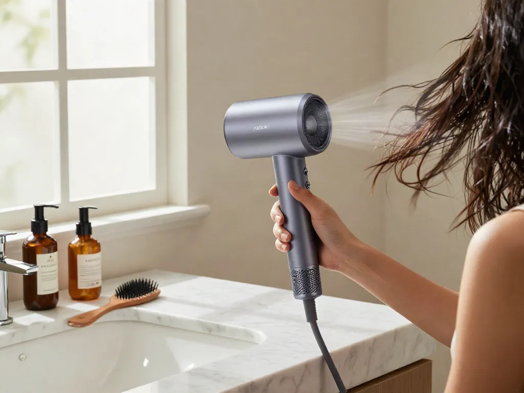 Der Haartrockner schnelltrocknend von Laifen auf einem modernen Waschtisch mit eleganten Pflegeprodukten in einem stilvollen Badezimmer.