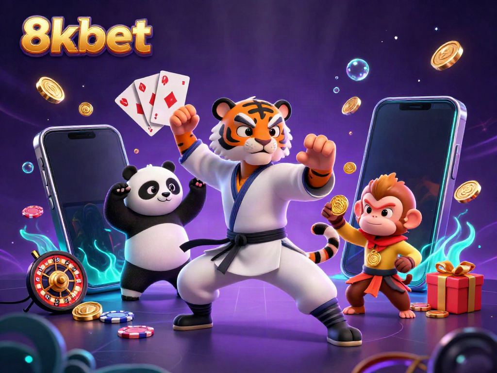 Experience the excitement of 8xbet with a dynamic scene featuring a kung fu tiger and friends immersed in a vibrant casino atmosphere.