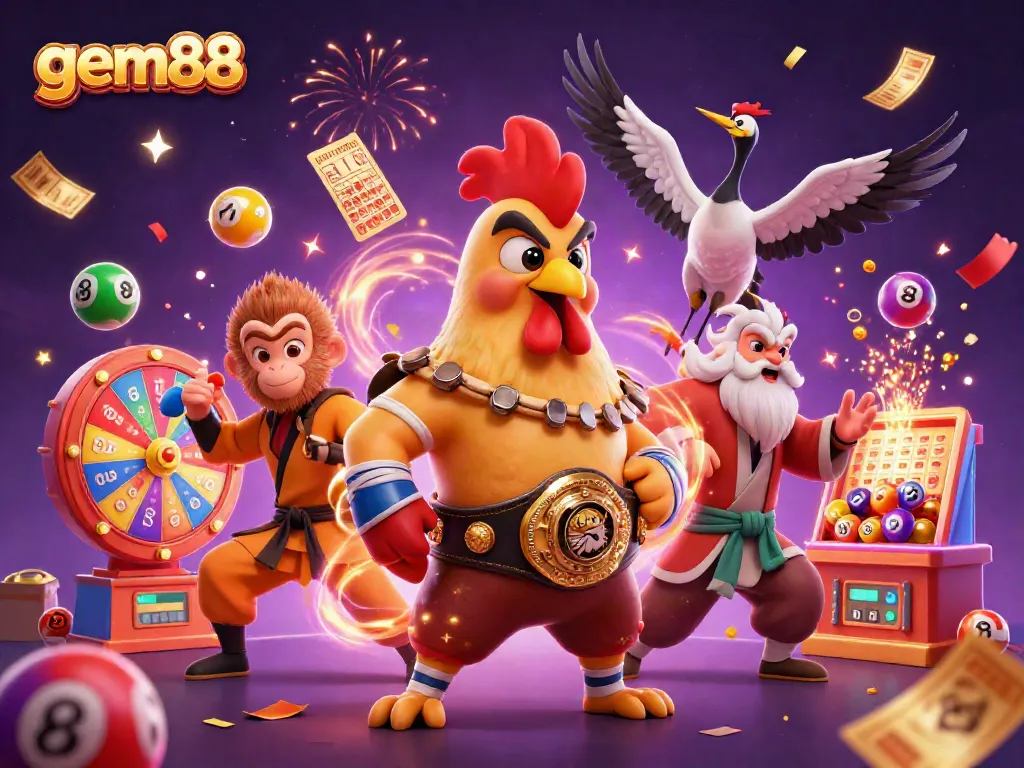 Experience gem88 with dynamic colorful lottery elements and engaging cartoon characters illustrating the excitement of casino gaming.