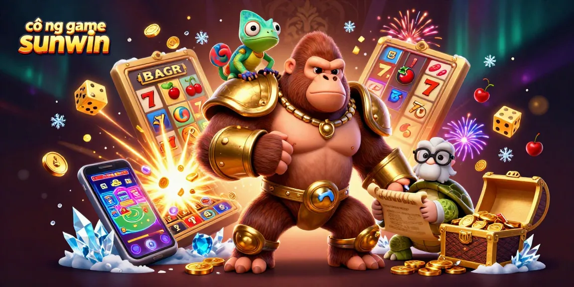 Win big at cổng game sunwin with a vibrant 3D casino scene featuring a gorilla king and a slot jackpot explosion.